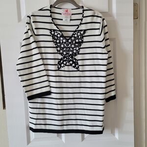 Quacker Factory Black and White Striped Sweater with Butterfly